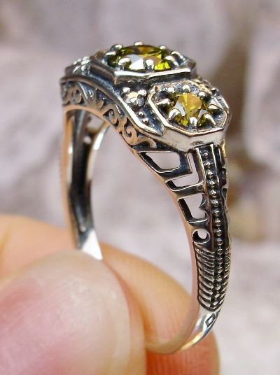 Green Peridot Ring, Art deco style ring with three gems set in sterling silver filigree
