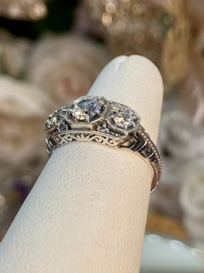 Moissanite or White CZ Ring, Art deco style ring with three gems set in sterling silver filigree