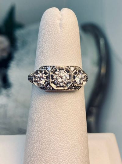 White CZ Ring, Art deco style ring with three gems set in sterling silver filigree