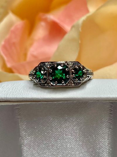 Natural Green Emerald Ring, Art deco style ring with three gems set in sterling silver filigree