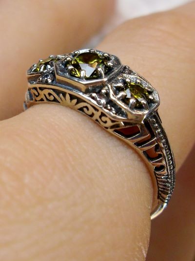 Natural Green Peridot Ring, Art deco style ring with three gems set in sterling silver filigree