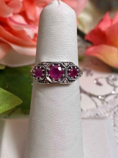 Natural Red Ruby Ring, Art deco style ring with three gems set in sterling silver filigree