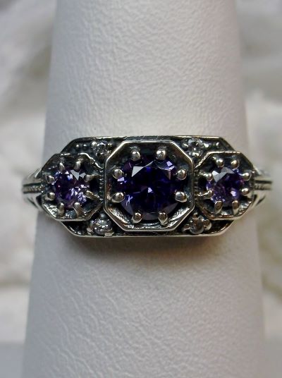 Purple Amethyst CZ Ring, Art deco style ring with three Purple amethyst CZs set in sterling silver filigree