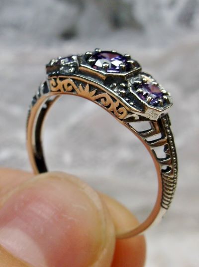 Purple Amethyst CZ Ring, Art deco style ring with three gems set in sterling silver filigree