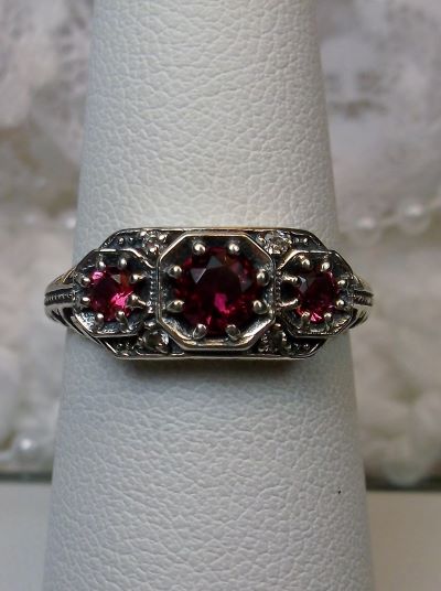 Red Ruby Ring, Art deco style ring with three gems set in sterling silver filigree