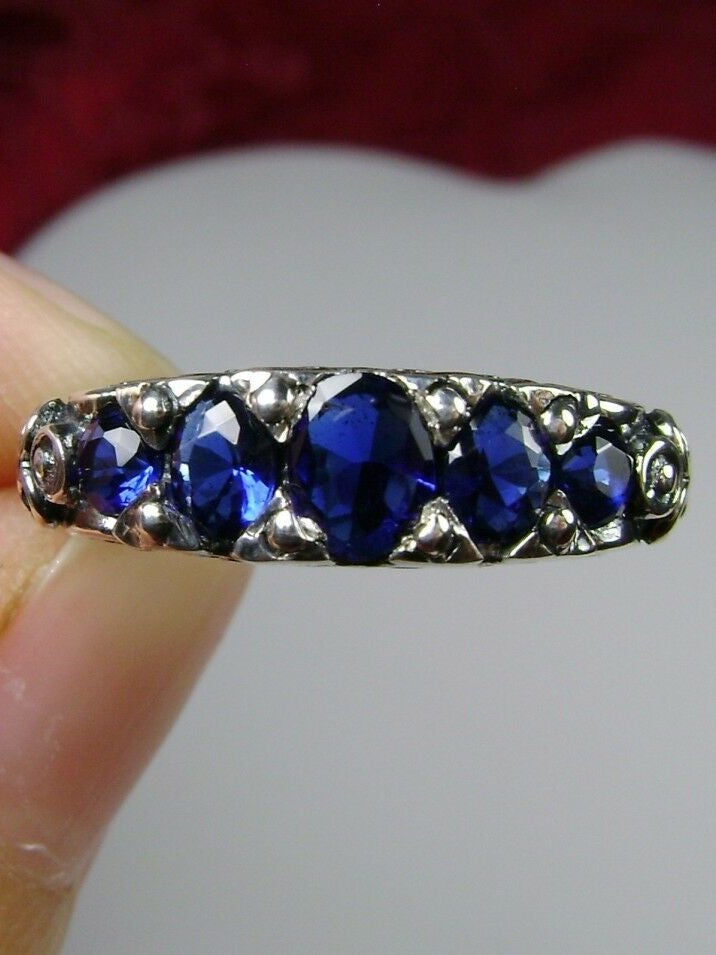 Blue Sapphire Ring, 5-Gemstone Georgian Ring, Vintage Jewelry, Sterling Silver Filigree, Silver Embrace Jewelry D19