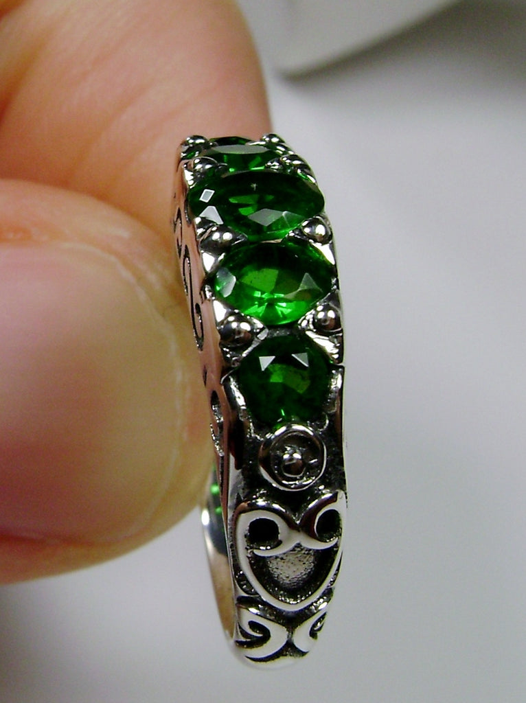 Green Emerald Ring, 5-Gemstone Georgian Ring, Vintage Jewelry, Sterling Silver Filigree, Silver Embrace Jewelry D19