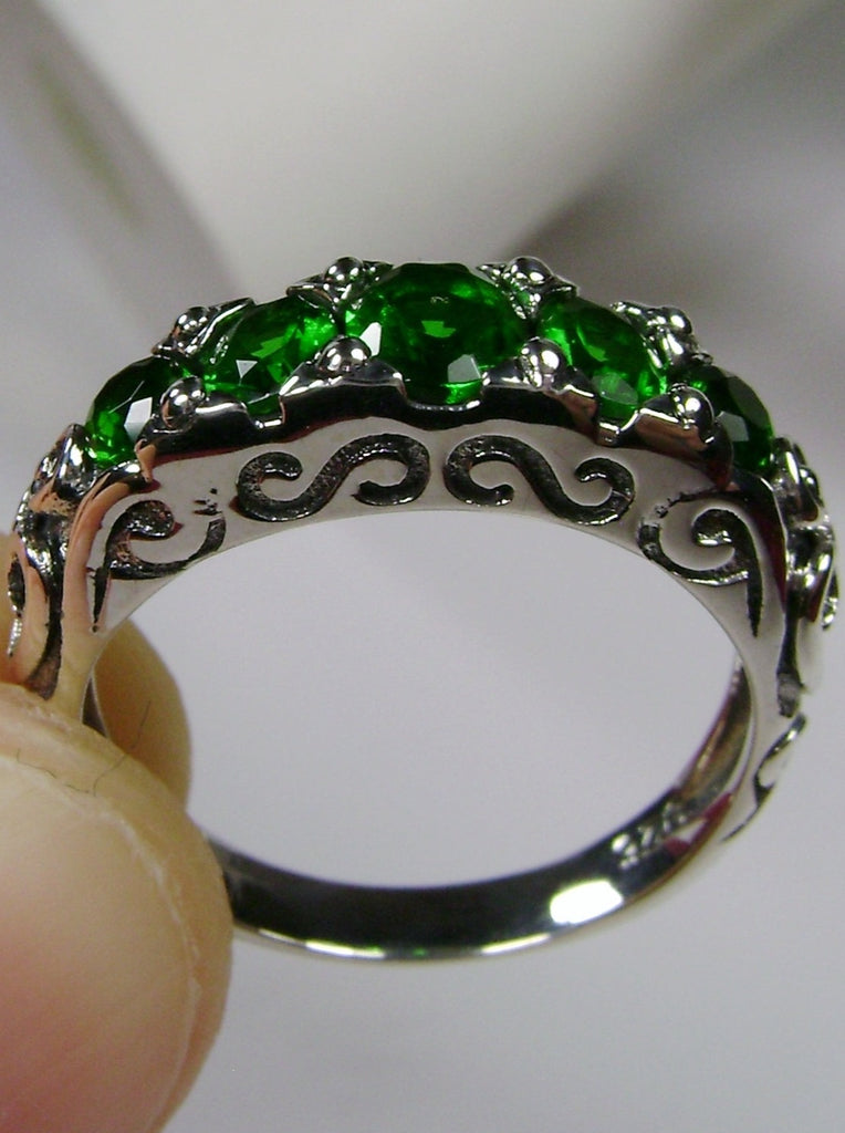 Green Emerald Ring, 5-Gemstone Georgian Ring, Vintage Jewelry, Sterling Silver Filigree, Silver Embrace Jewelry D19