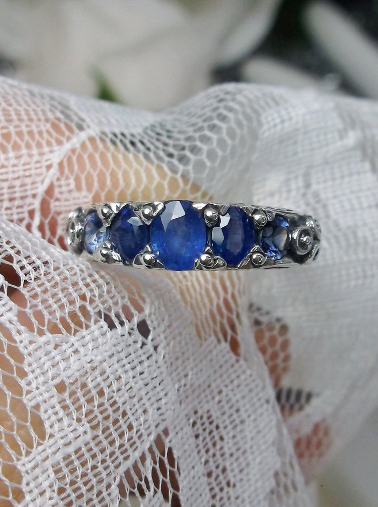 Natural Blue Sapphire Ring, 5-Gemstone Georgian Ring, Vintage Jewelry, Sterling Silver Filigree, Silver Embrace Jewelry D19