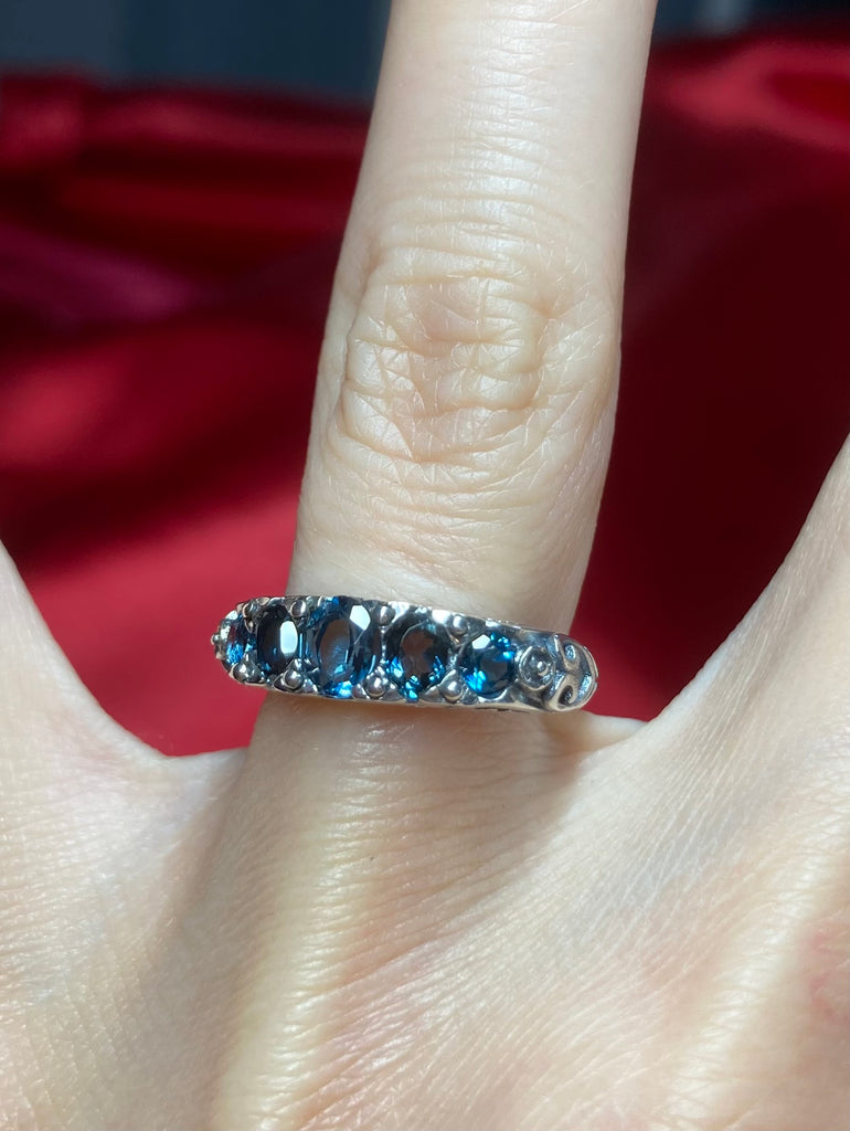Natural London Blue Topaz Ring, 5-Gemstone Georgian Ring, Vintage Jewelry, Sterling Silver Filigree, Silver Embrace Jewelry D19
