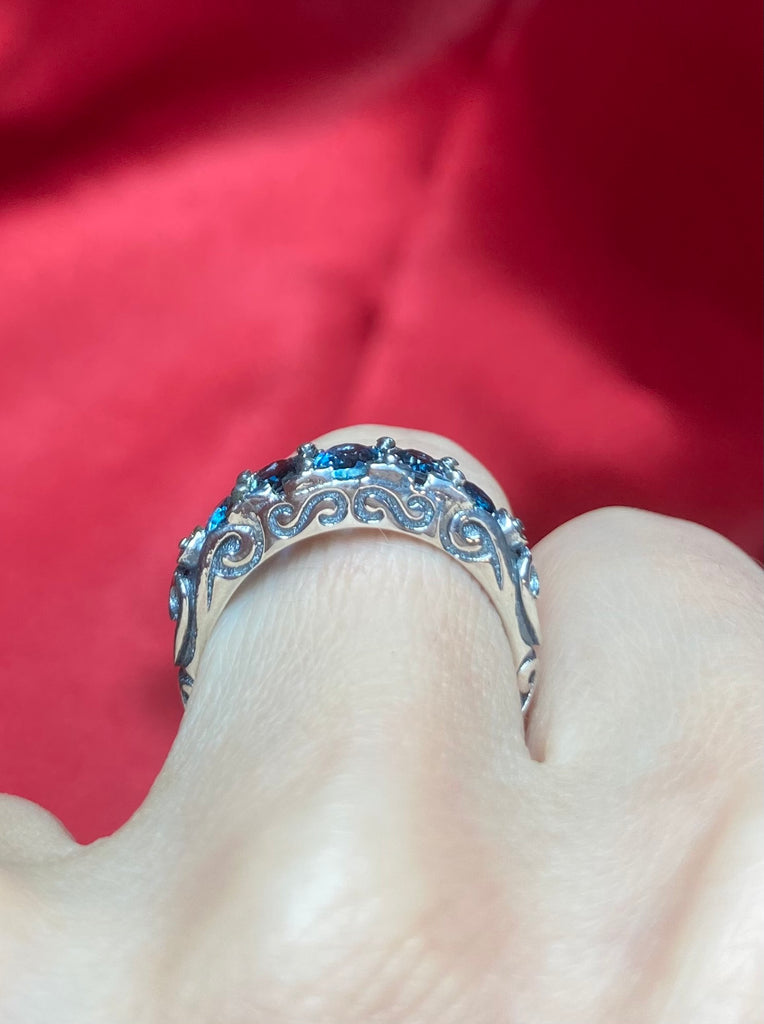 Natural London Blue Georgian Ring, 5-Gemstone Georgian Ring, Vintage Jewelry, Sterling Silver Filigree, Silver Embrace Jewelry D19