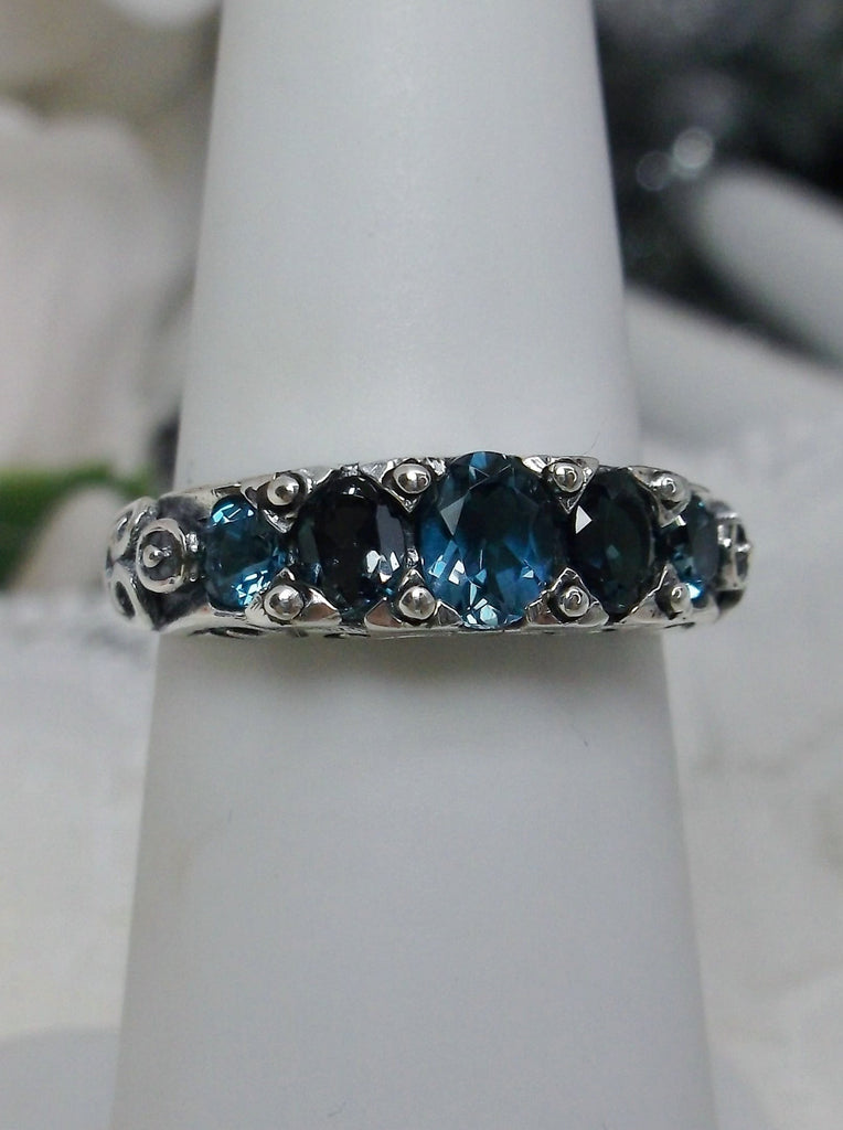 Natural London blue Topaz Ring, 5-Gemstone Georgian Ring, Vintage Jewelry, Sterling Silver Filigree, Silver Embrace Jewelry D19