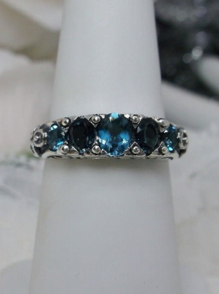 Natural London Blue Georgian Ring,  5-Gemstone Georgian Ring, Vintage Jewelry, Sterling Silver Filigree, Silver Embrace Jewelry D19