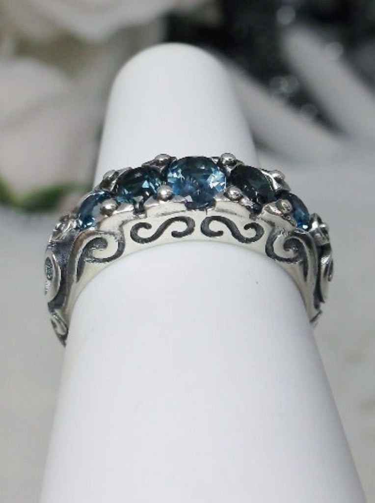 Natural London Blue Ring,  5-Gemstone Georgian Ring, Vintage Jewelry, Sterling Silver Filigree, Silver Embrace Jewelry D19