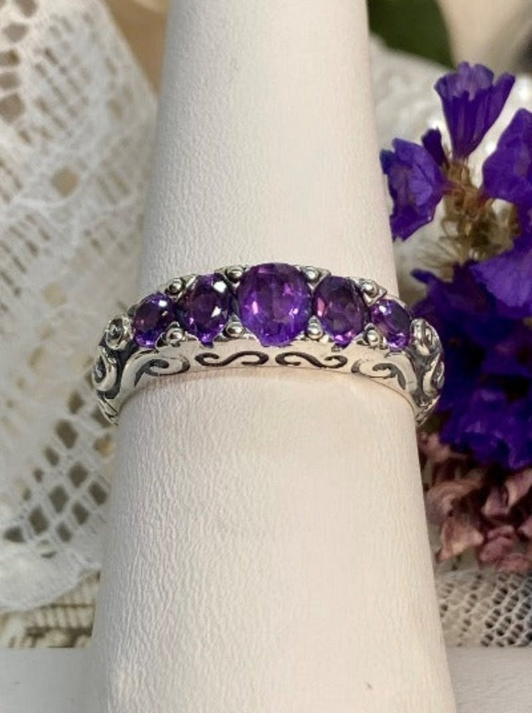 Natural Purple Amethyst Ring, 5-Gemstone Georgian Ring, Vintage Jewelry, Sterling Silver Filigree, Silver Embrace Jewelry D19
