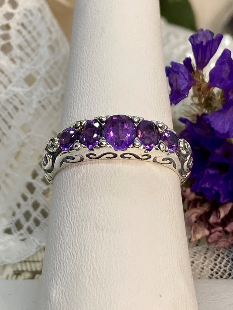 Natural Purple Amethyst Ring, 5-Gemstone Georgian Ring, Vintage Jewelry, Sterling Silver Filigree, Silver Embrace Jewelry D19