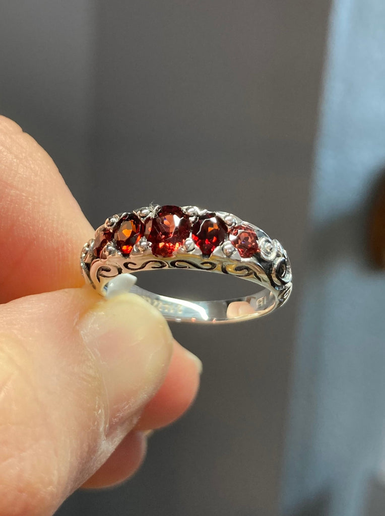 Natural Red Garnet Ring, 5-Gem Georgian style, sterling silver filigree, Silver Embrace Jewelry, Design D19, Georgian