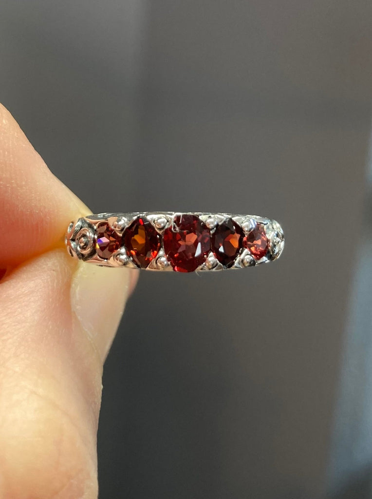 Natural Red Garnet Ring, 5-Gemstone Georgian Ring, Vintage Jewelry, Sterling Silver Filigree, Silver Embrace Jewelry D19