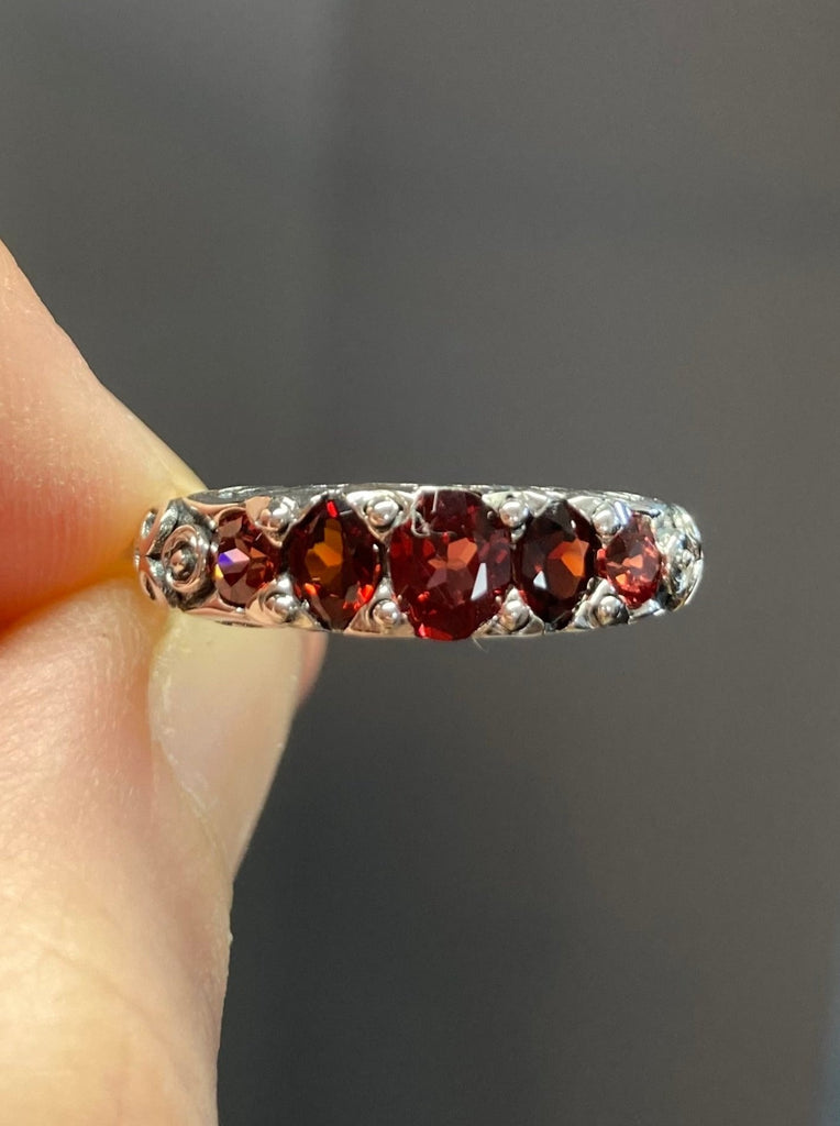 Natural Red Garnet Ring, 5-Gem Georgian style, sterling silver filigree, Silver Embrace Jewelry, Design D19, Georgian