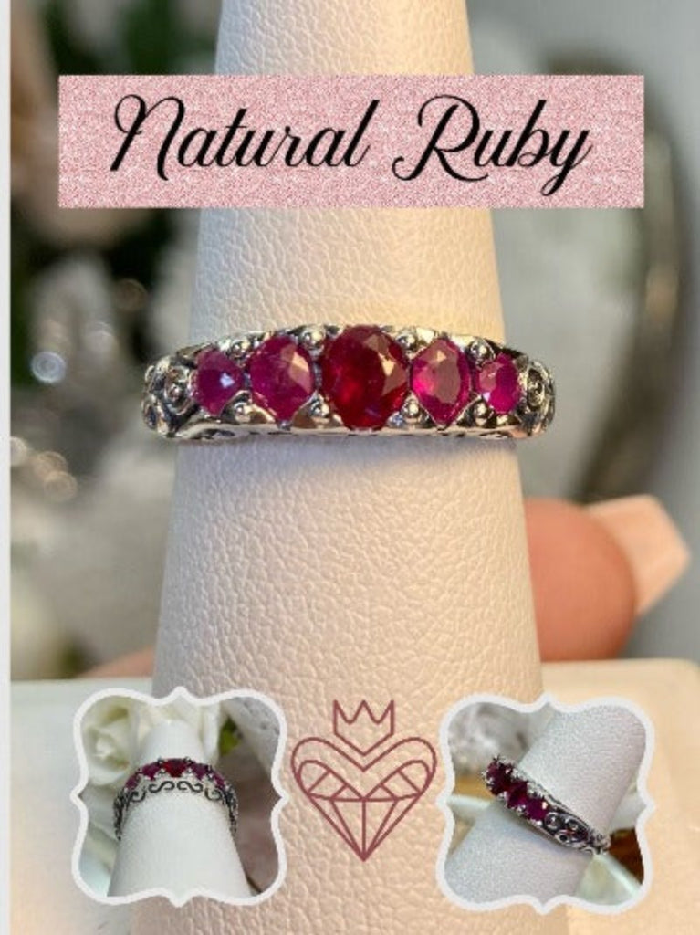 natural Red Ruby Ring, 5 Gemstone Ring, Vintage Jewelry, Sterling Silver Filigree, Silver Embrace Jewelry D19