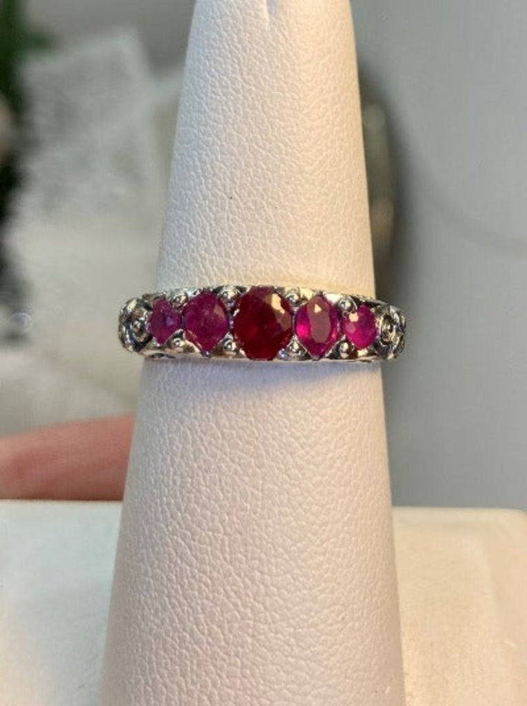 Natural Red Ruby Ring,  5-Gemstone Georgian Ring, Vintage Jewelry, Sterling Silver Filigree, Silver Embrace Jewelry D19