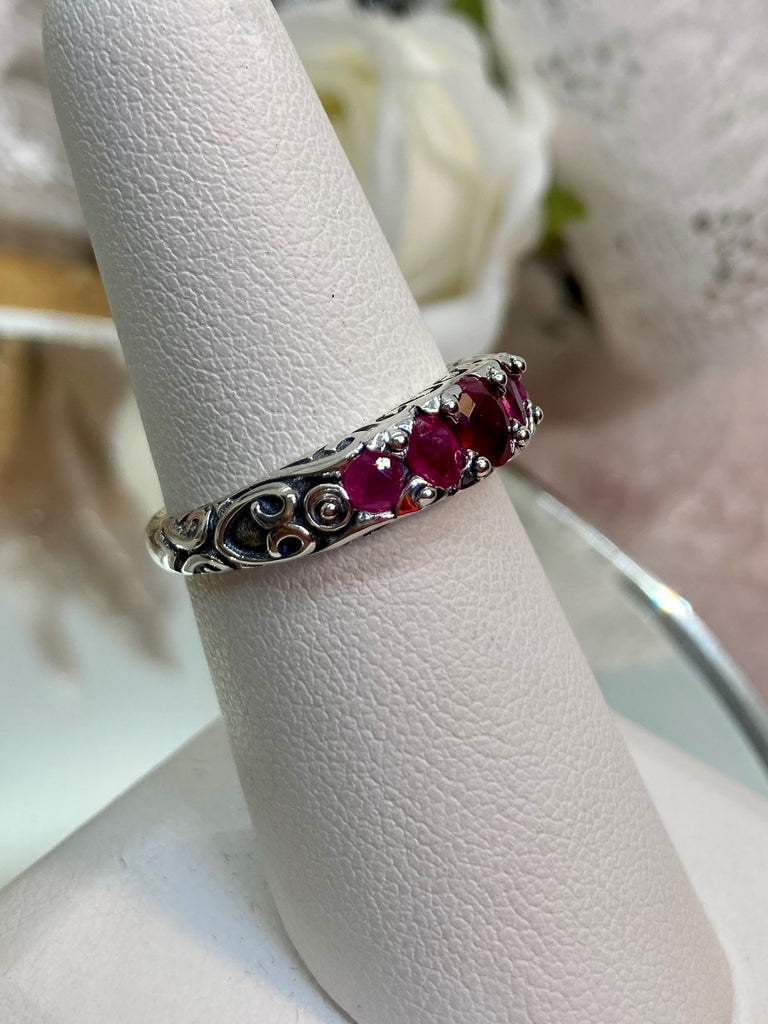 Natural Red Ruby Ring, 5-Gemstone Georgian Ring, Vintage Jewelry, Sterling Silver Filigree, Silver Embrace Jewelry D19