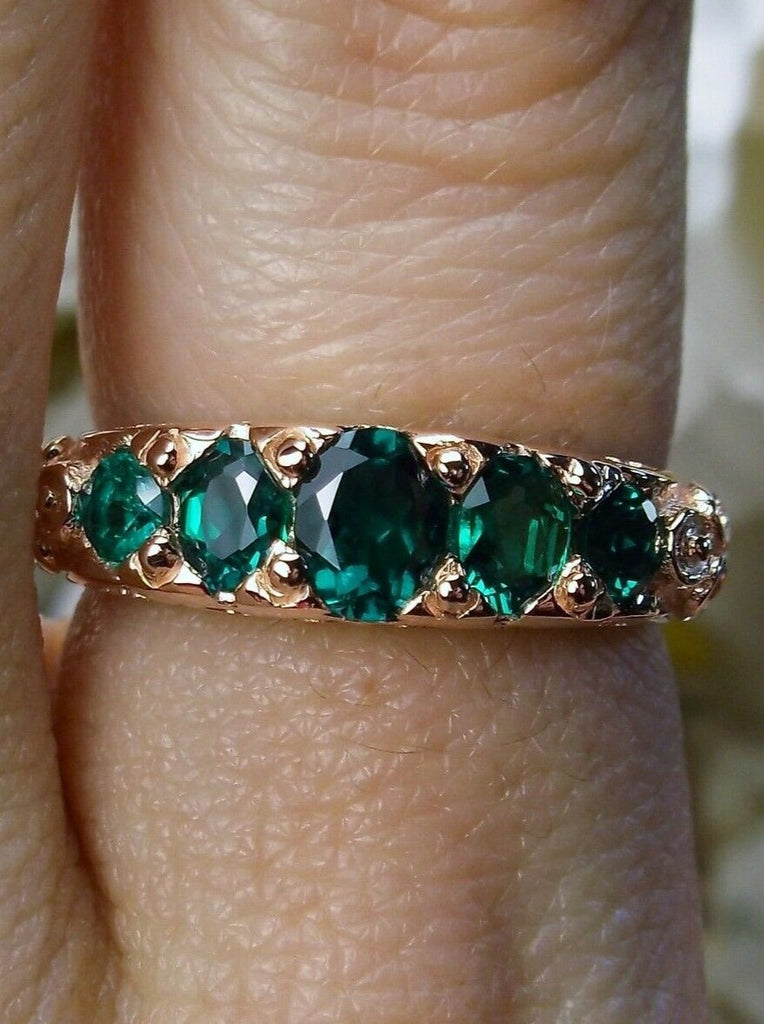 Natural Green Emerald Ring, 5-gem Georgian Rose Gold plated over sterling silver, Victorian Jewelry, Silver Embrace Jewelry, Vintage Ring, D19 Georgian