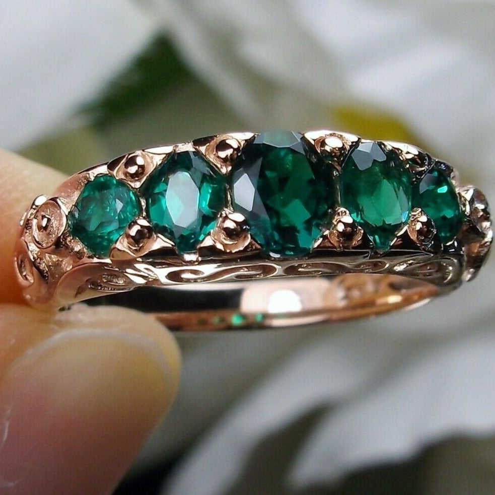 Natural Green Emerald Ring, 5-gem Georgian Rose Gold plated over sterling silver, Victorian Jewelry, Silver Embrace Jewelry, Vintage Ring, D19 Georgian