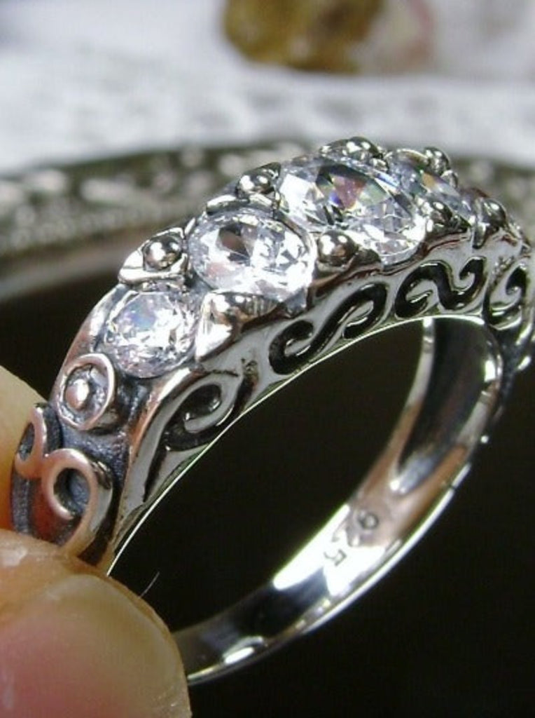 White Cubic Zirconia (CZ) Ring,  5-Gemstone Georgian Ring, Vintage Jewelry, Sterling Silver Filigree, Silver Embrace Jewelry D19