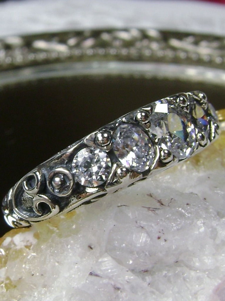 White Cubic Zirconia Ring, 5-Gemstone Georgian Ring, Vintage Jewelry, Sterling Silver Filigree, Silver Embrace Jewelry D19