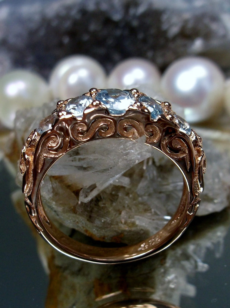Natural Sky Blue Topaz Ring, 5-gem Georgian Rose Gold plated over sterling silver, Victorian Jewelry, Silver Embrace Jewelry, Vintage Ring, D19 Georgian