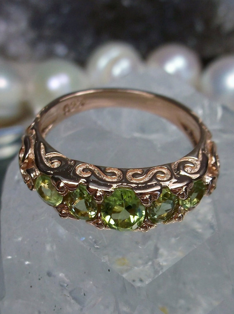 Natural Green Peridot Ring, 5-gem Georgian Rose Gold plated over sterling silver, Victorian Jewelry, Silver Embrace Jewelry, Vintage Ring, D19 Georgian