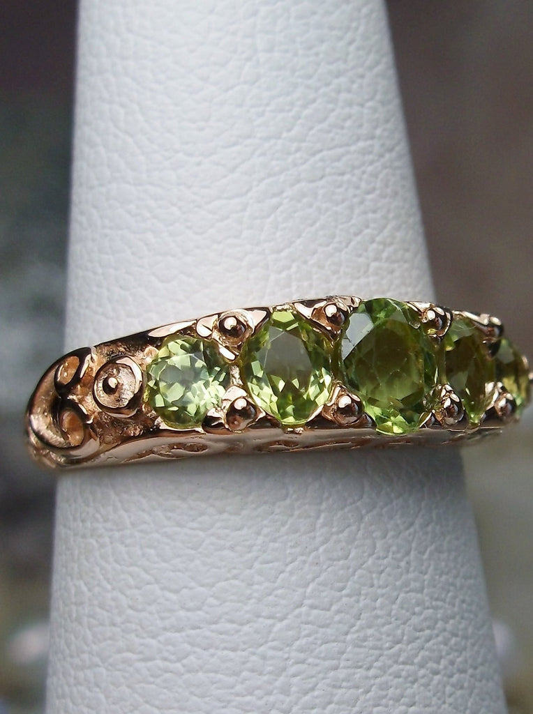 Natural Green Peridot Ring, 5-gem Georgian Rose Gold plated over sterling silver, Victorian Jewelry, Silver Embrace Jewelry, Vintage Ring, D19 Georgian