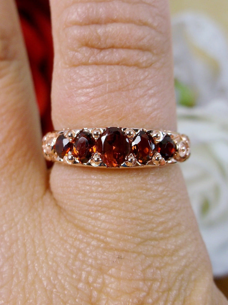 Natural Red Garnet Ring, 5-gem Georgian Rose Gold plated over sterling silver, Victorian Jewelry, Silver Embrace Jewelry, Vintage Ring, D19 Georgian