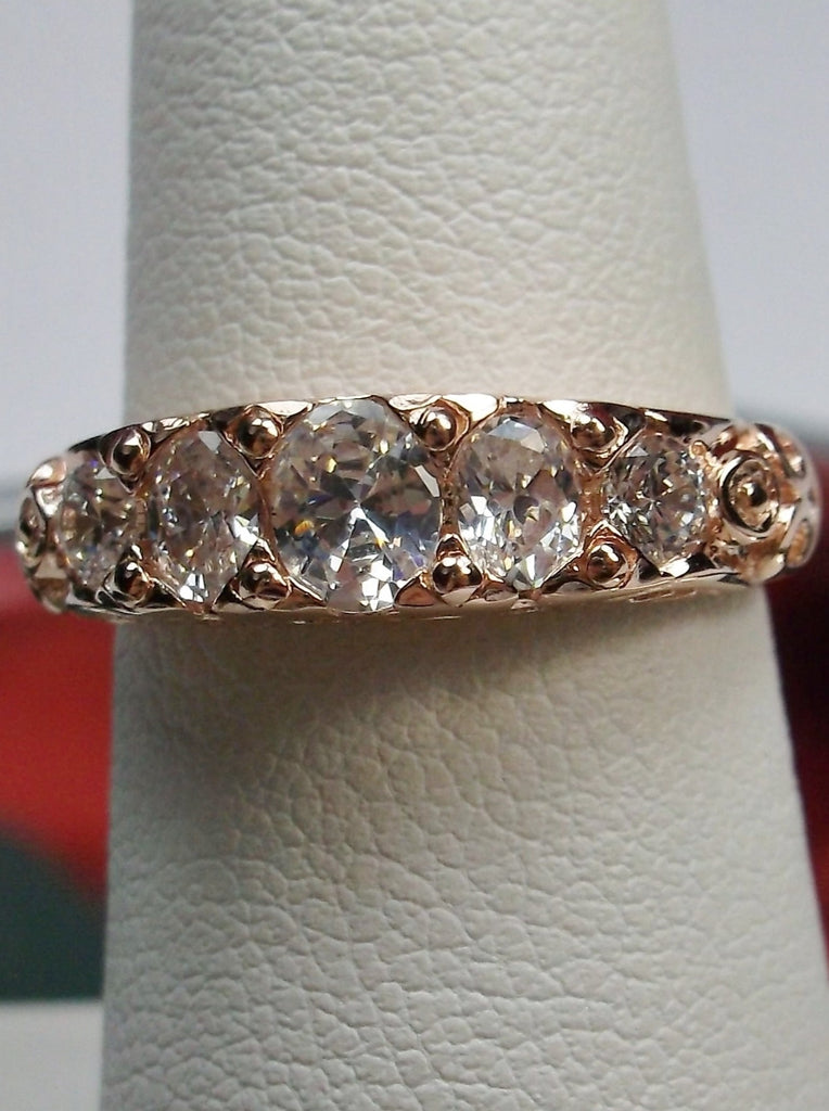 Natural White Topaz Ring, 5-gem Georgian Rose Gold plated over sterling silver, Victorian Jewelry, Silver Embrace Jewelry, Vintage Ring, D19 Georgian