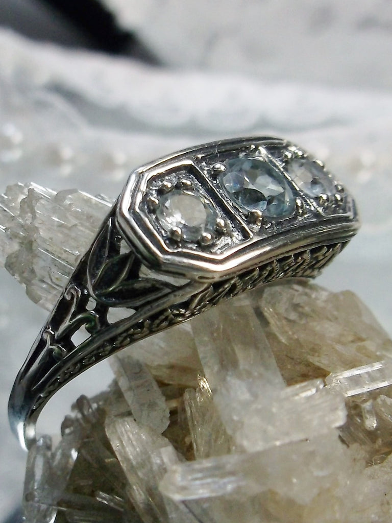 Natural Blue Topaz Ring, Lily Leaf Sterling Silver Filigree, Edwardian Jewelry, Silver Embrace Jewelry