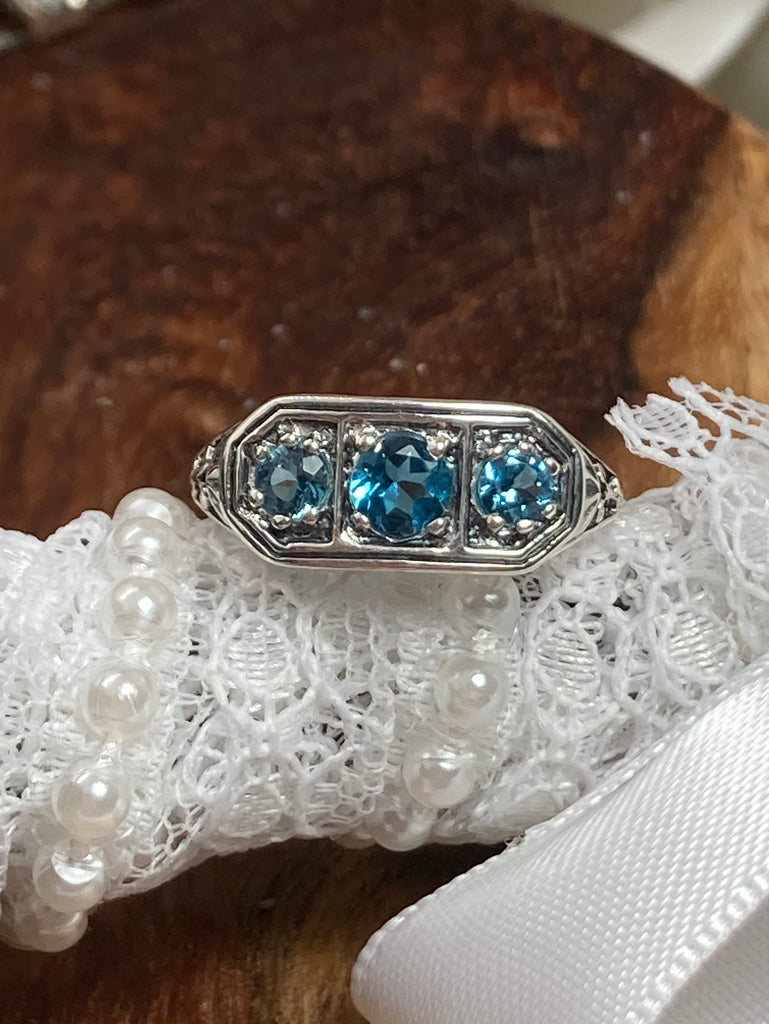 Natural London Blue Topaz Ring, Lily Leaf Sterling Silver Filigree, Edwardian Jewelry, Silver Embrace Jewelry