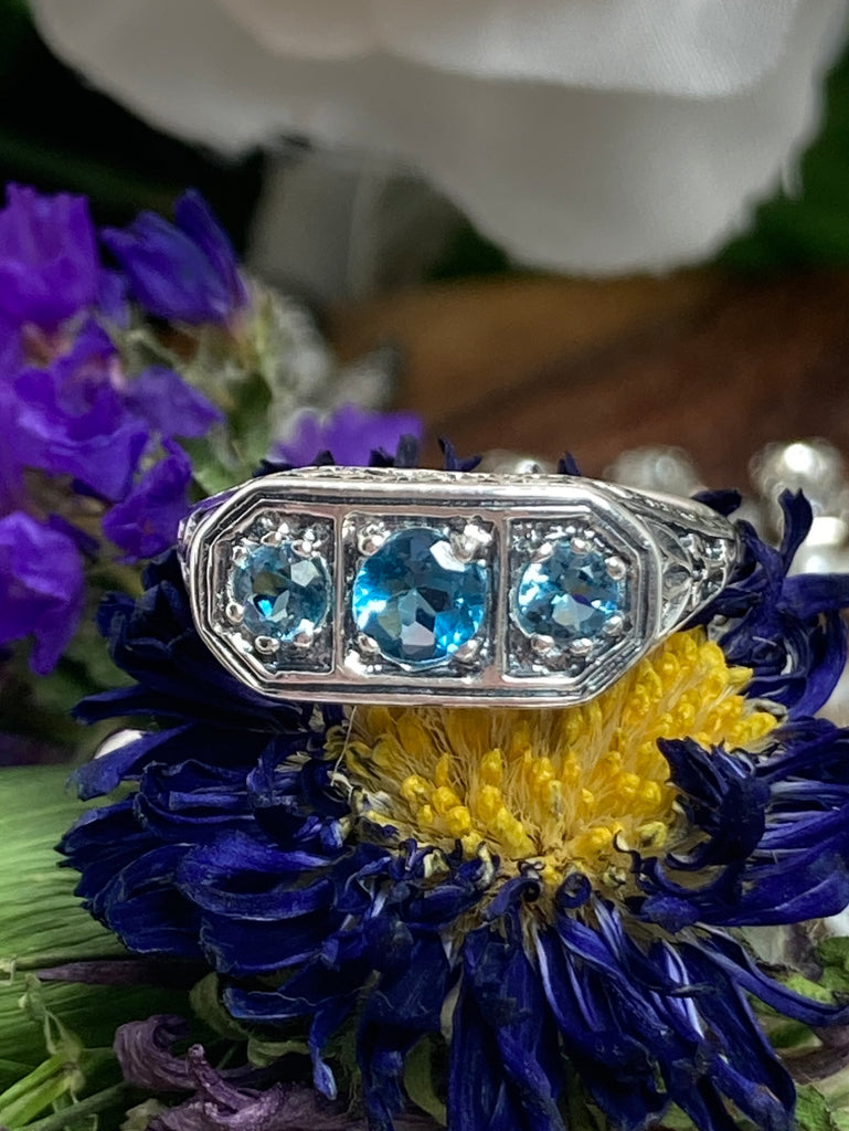 Natural London Blue Topaz Ring, Lily Leaf Sterling Silver Filigree, Edwardian Jewelry, Silver Embrace Jewelry