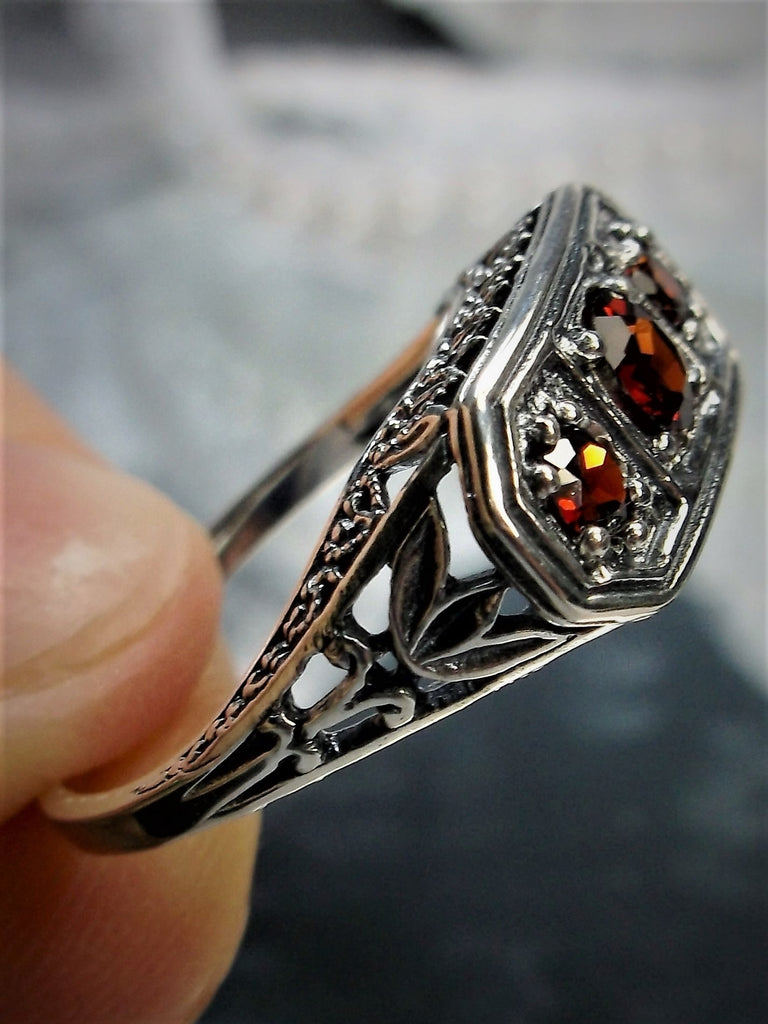 Natural Red Garnet Ring, Sterling Silver Filigree, 3 stone, Lily design, Vintage Jewelry, Silver Embrace Jewelry