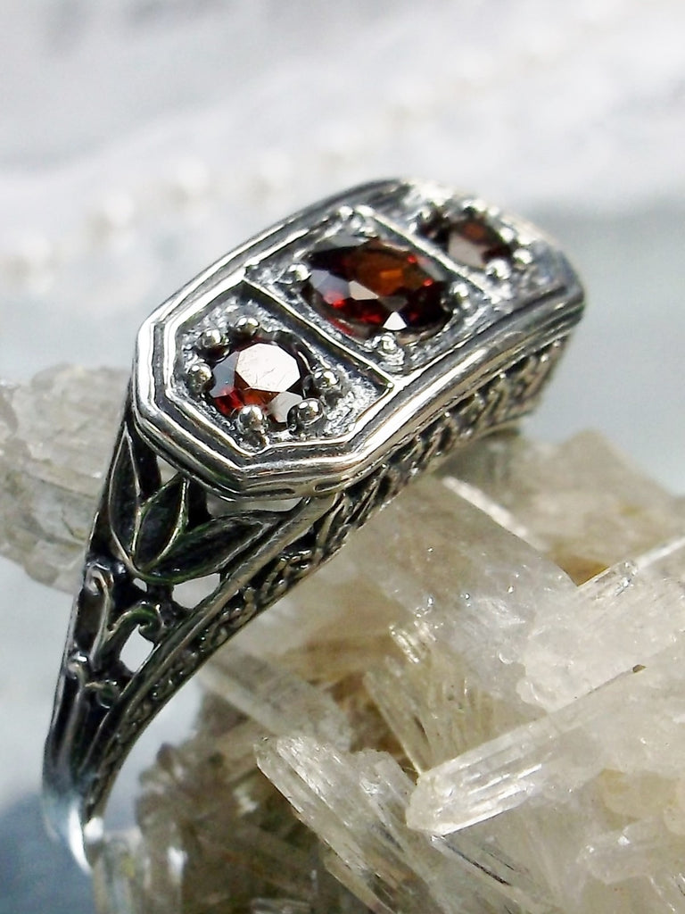 Natural Red Garnet Ring, Sterling Silver Filigree, 3 stone, Lily design, Vintage Jewelry, Silver Embrace Jewelry