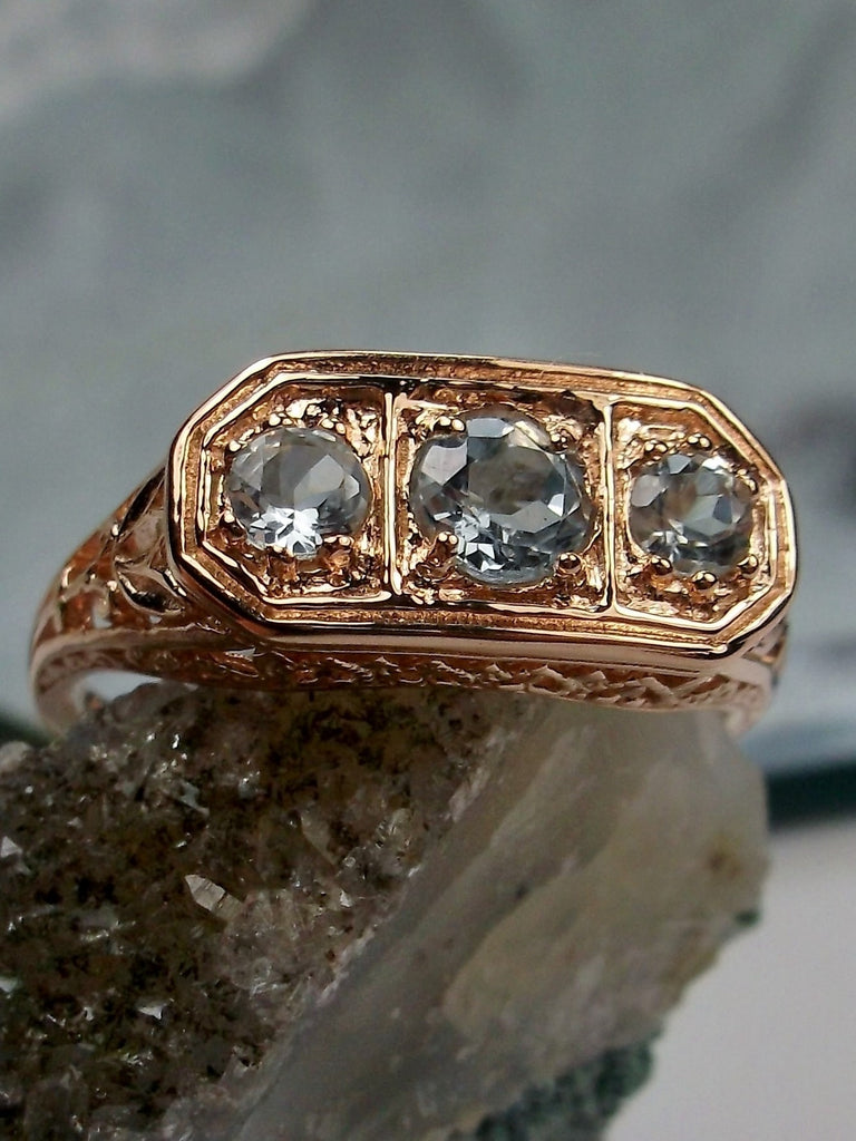 Natural Blue Topaz Ring, Rose Gold plated sterling silver, Vintage Edwardian Jewelry, Silver Embrace Jewelry