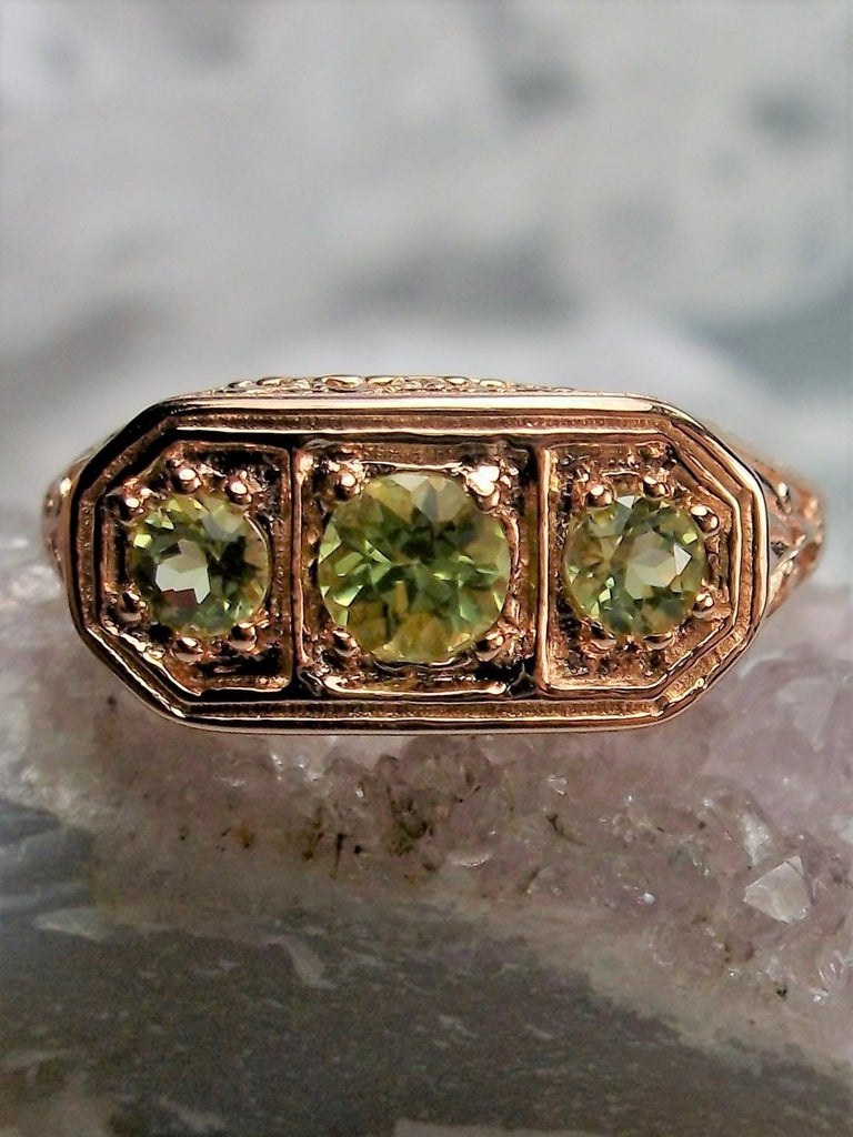 Natural Green Peridot Ring, Rose Gold plated Sterling Silver, Edwardian Vintage Jewelry, Silver Embrace Jewelry