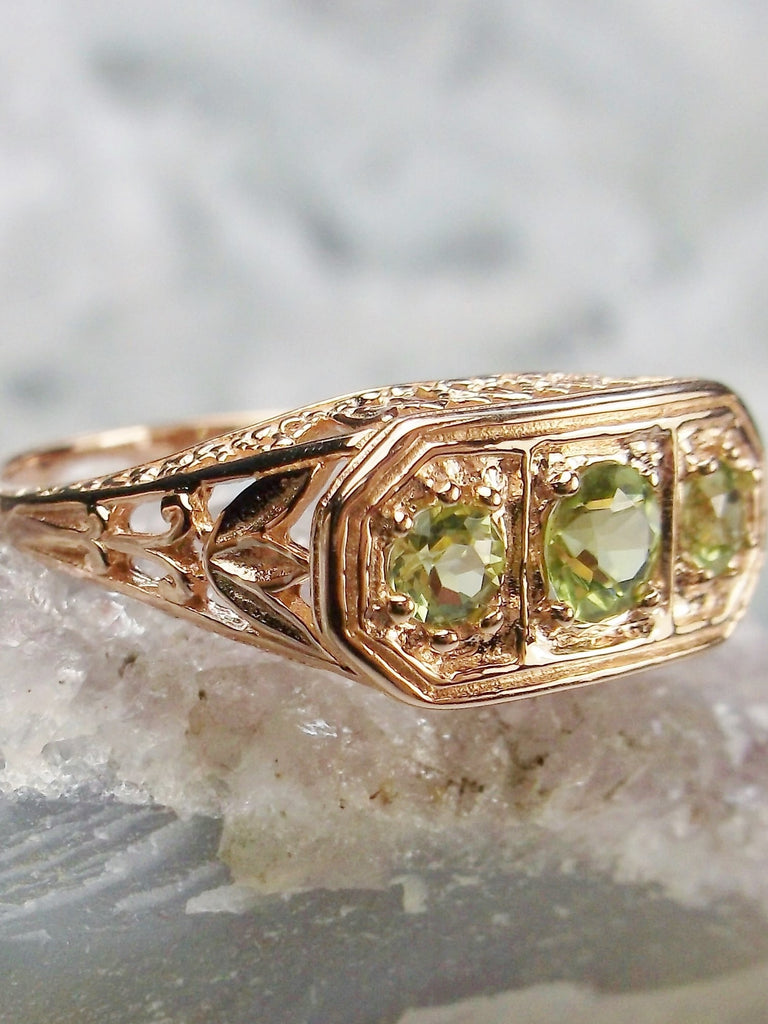 Natural Green Peridot Ring, Rose Gold plated Sterling Silver, Edwardian Vintage Jewelry, Silver Embrace Jewelry