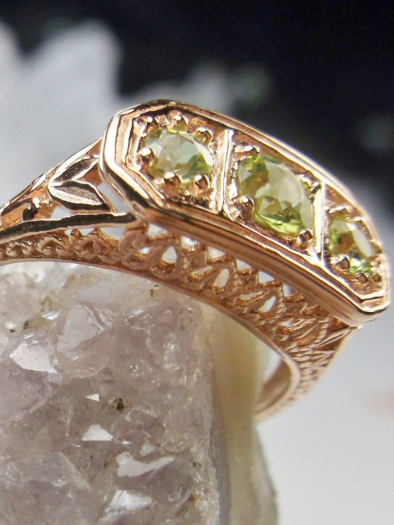 Natural Green Peridot Ring, Rose Gold plated Sterling Silver, Edwardian Vintage Jewelry, Silver Embrace Jewelry