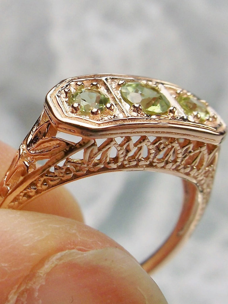 Natural Green Peridot Ring, Rose Gold plated Sterling Silver, Edwardian Vintage Jewelry, Silver Embrace Jewelry