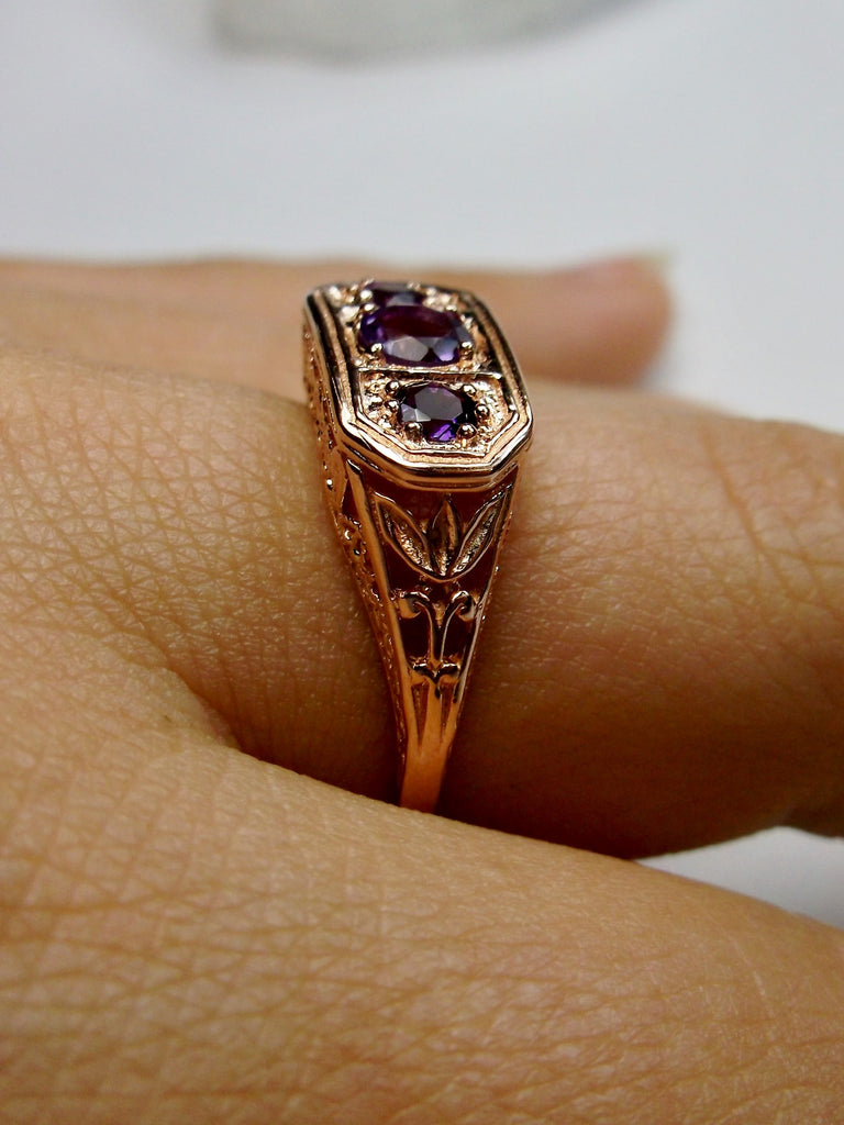 Natural Purple Amethyst Ring, Rose Gold plated sterling silver, Edwardian Vintage jewelry, Silver Embrace Jewelry