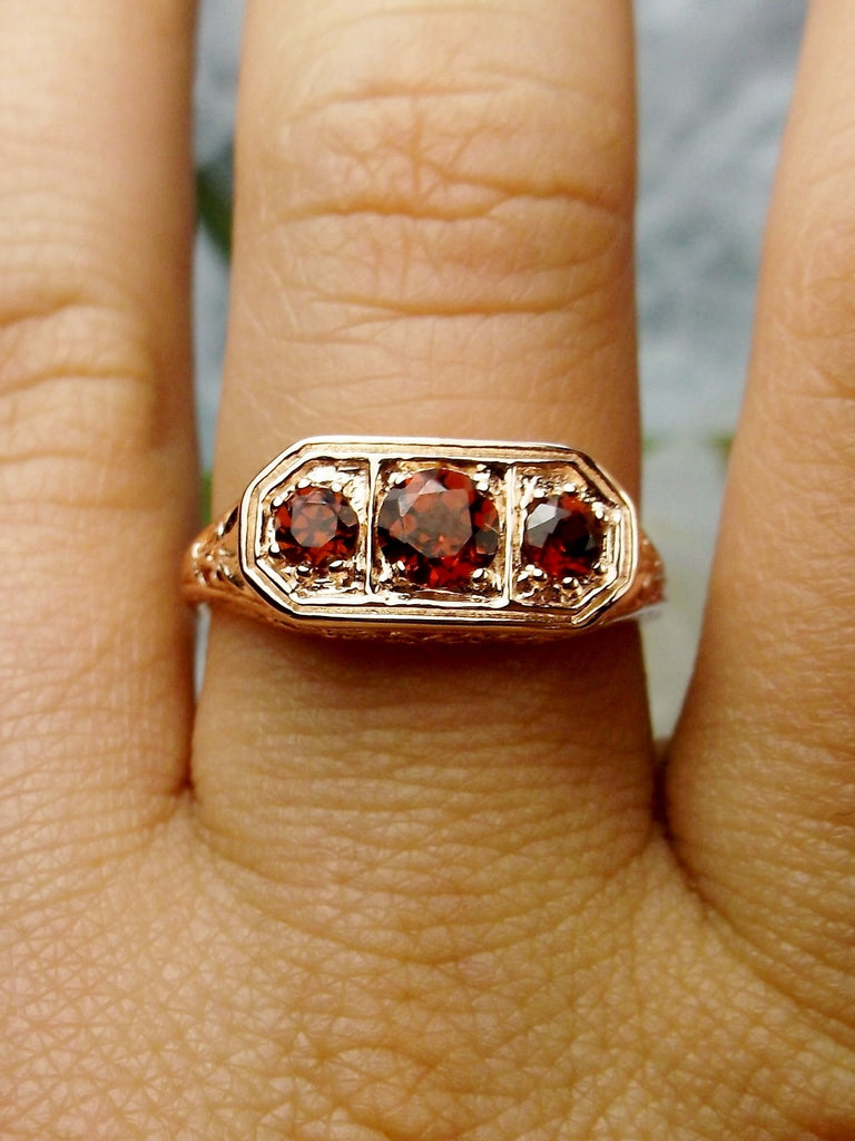 Natural Red Garnet Ring, Rose Gold plated Sterling silver, Edwardian Vintage Jewelry, Silver Embrace Jewelry