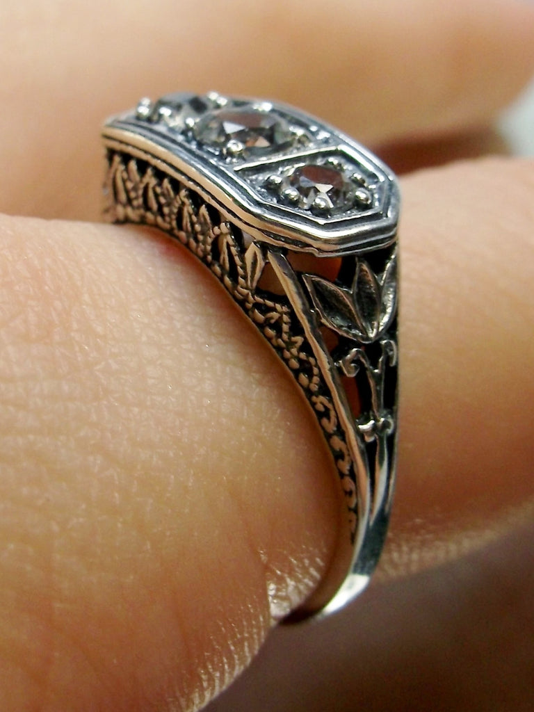 White CZ Ring, 3stone, Triple gem, Lily Filigree, Edwardian Jewelry, Silver Embrace Jewelry