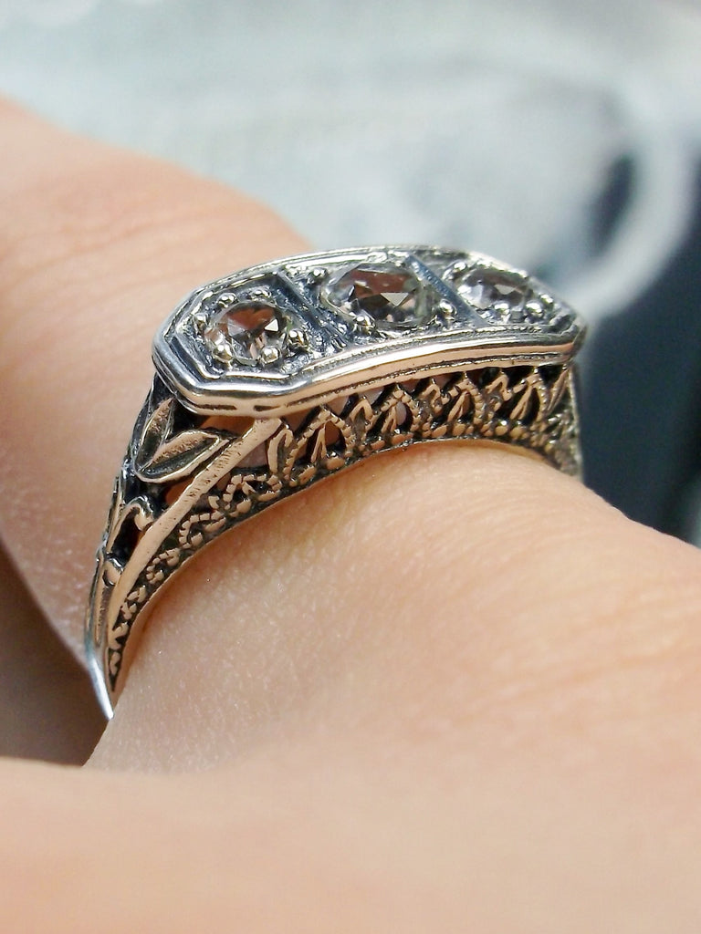 White CZ Ring, 3stone, Triple gem, Lily Filigree, Edwardian Jewelry, Silver Embrace Jewelry