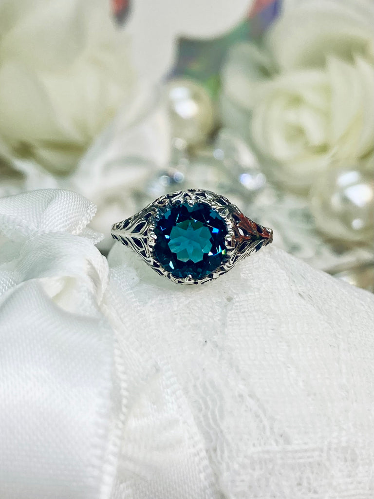 Natural London Blue Topaz Ring, Coffee Design, Vintage Sterling Silver Jewelry, D198, Silver Embrace Jewelry